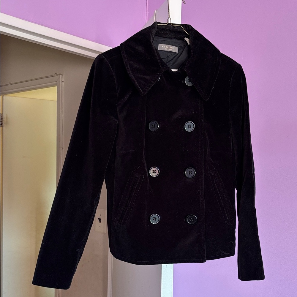 Kate Hill Elegant Black Velvet Pea Coat